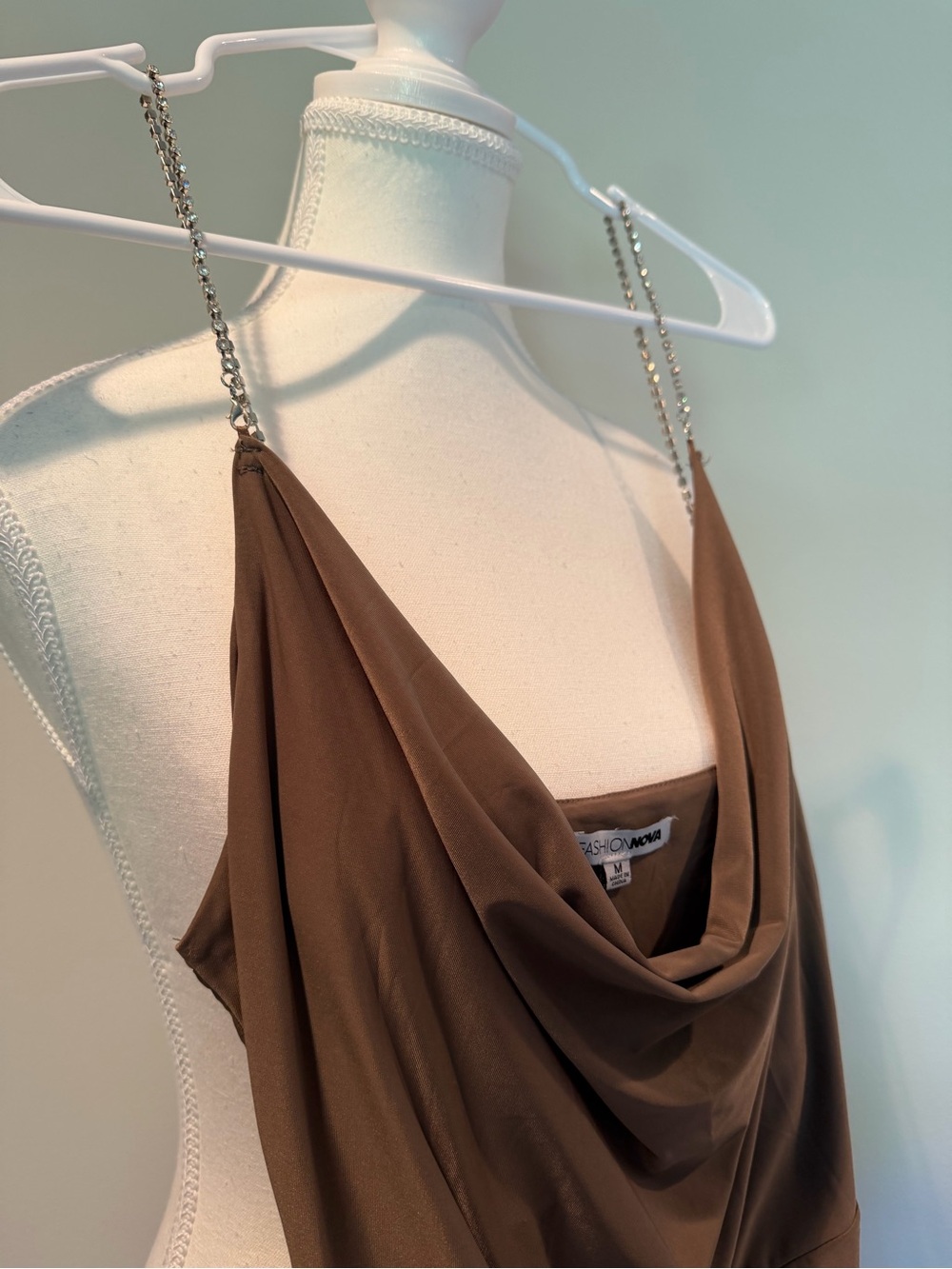 NEW Fashion Nova Brown Cowl Neck Mini Dress with Chain Straps - Picture 2 of 4